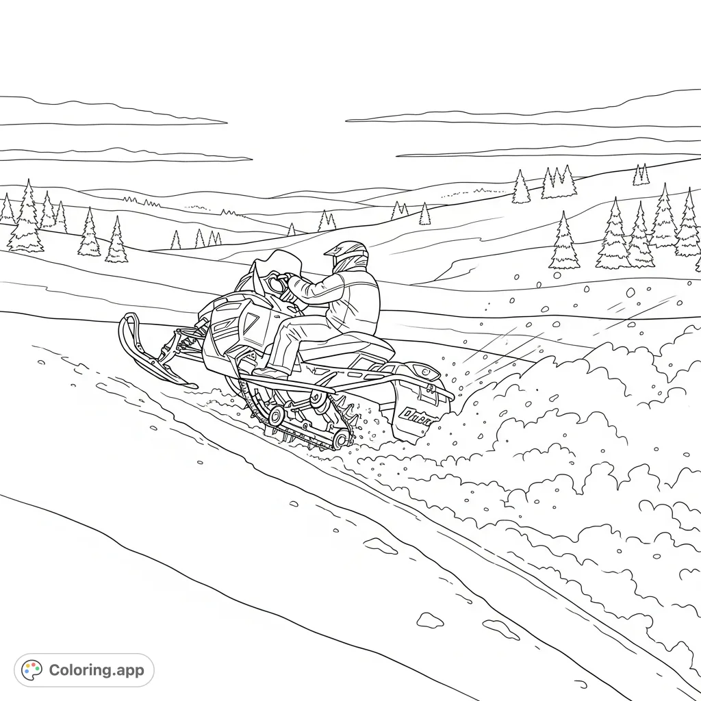 An action-packed snowmobile coloring page depicting a powerful machine mid-drift through deep, pristine snow, with a rider and dynamic snow spray.