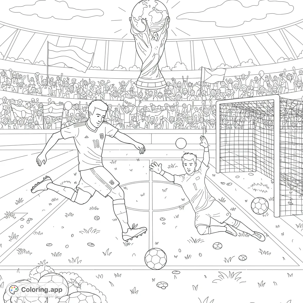 Experience the thrill of a soccer match! A player shoots, a goalie dives, all under the gaze of cheering fans and a grand trophy.