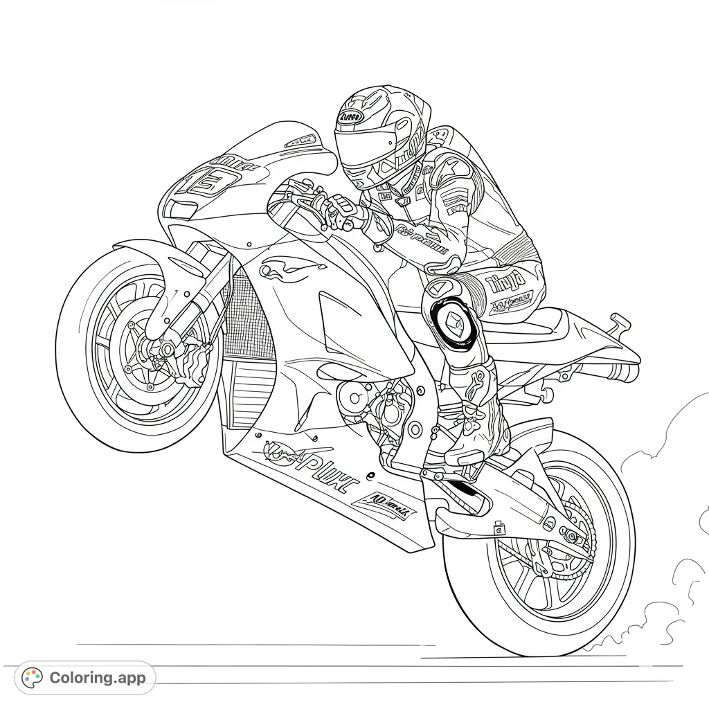 Thrill of a motorcycle racer performing a dynamic wheelie on a sport bike. Intricate details for an exciting coloring experience.