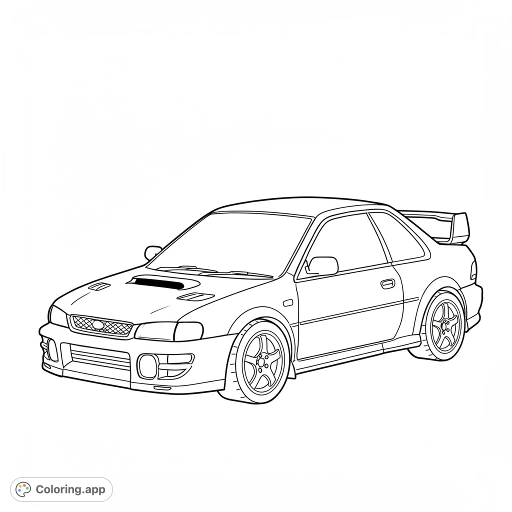 A detailed sports car coloring page featuring a sleek coupe with a hood scoop and large spoiler, perfect for car enthusiasts and free printable coloring page fun.