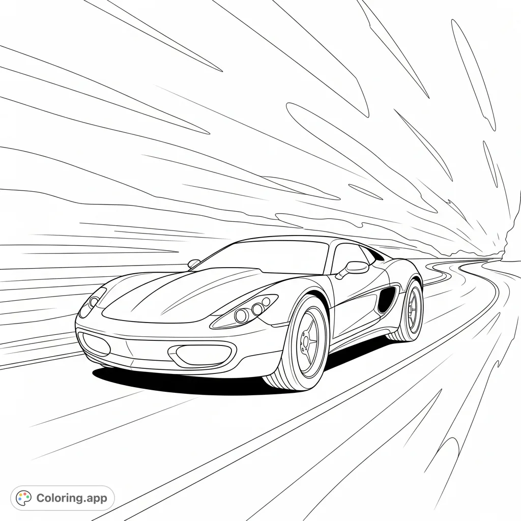 Experience the thrill of speed with this dynamic sports car coloring page. A sleek two-seater vehicle races around a curve, blurring the scenic background.