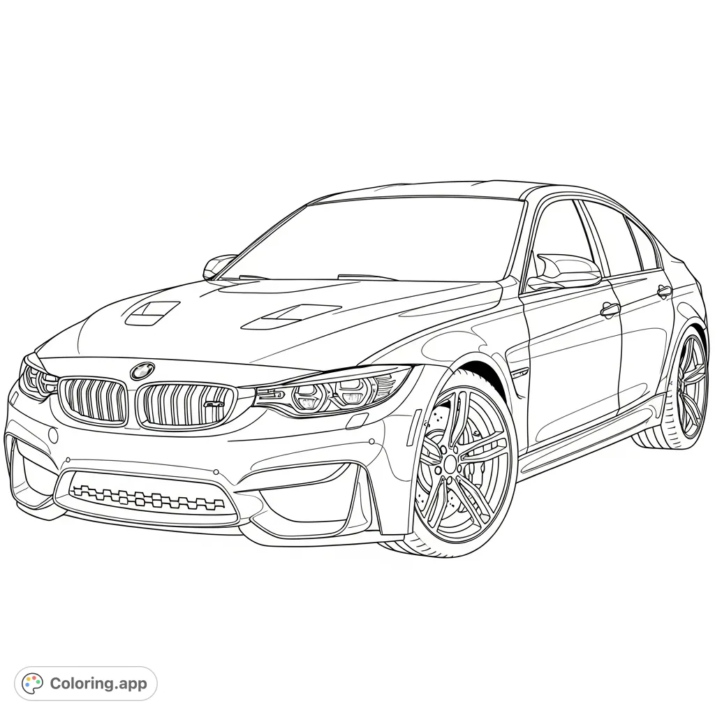 Unleash your creativity with this detailed coloring page featuring a high-performance sports sedan. Perfect for car enthusiasts of all ages.