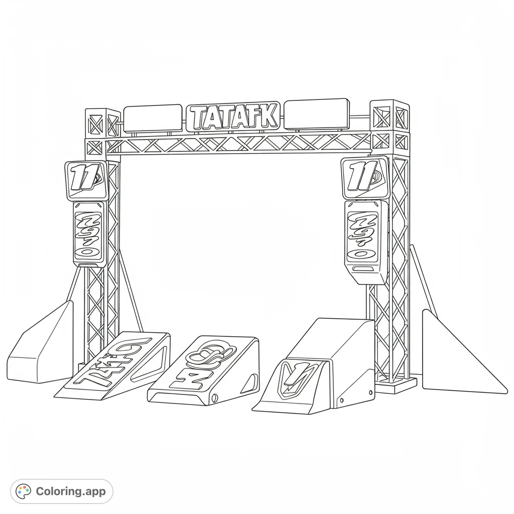 A dynamic stage archway with speakers and three unique ramps, perfect for a vibrant event or challenge scene. Free printable coloring page.