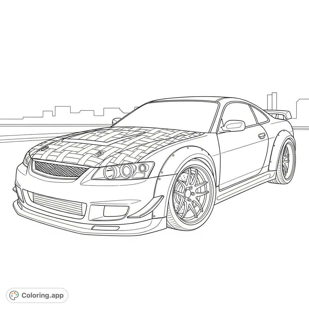 Unleash your creativity with this detailed street racer, featuring an aggressive stance, deep-dish wheels, and a unique textured hood. Perfect for car enthusiasts!