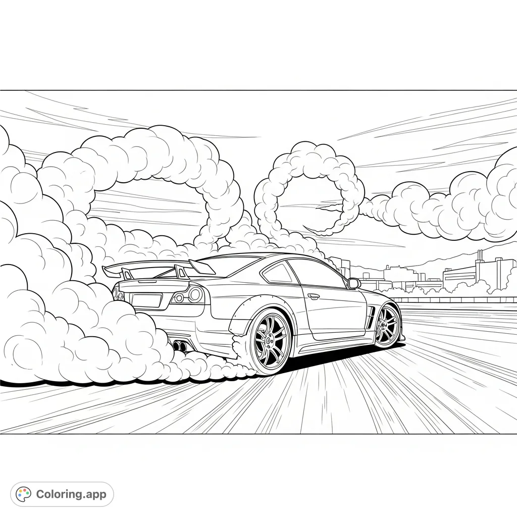 A powerful street racing car performs a dynamic 'donut' maneuver, generating an impressive cloud of soft, swirling smoke around its sleek form.