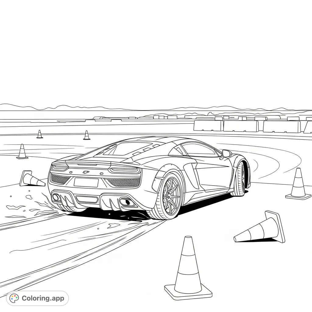 A powerful supercar expertly drifts around traffic cones on a practice course. Features dynamic lines and an exciting scene for automotive enthusiasts to color.