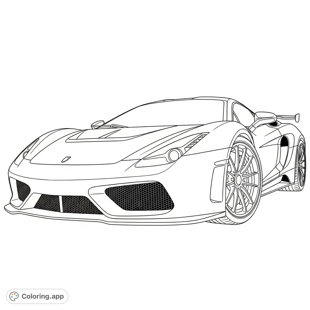 Experience the thrill of speed with this dynamic supercar coloring page. A sleek, high-performance vehicle viewed from a dramatic low angle.
