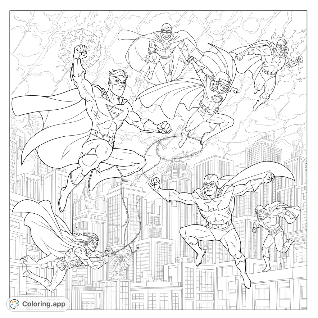 Unleash your creativity with this action-packed superhero cityscape coloring page! Featuring a team of heroes soaring above detailed buildings, ready for an epic battle.