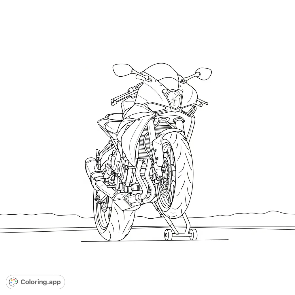 A powerful supersport bike captured mid-launch, front wheel elevated in a thrilling wheelie. Dynamic lines and detailed components await your creative touch.