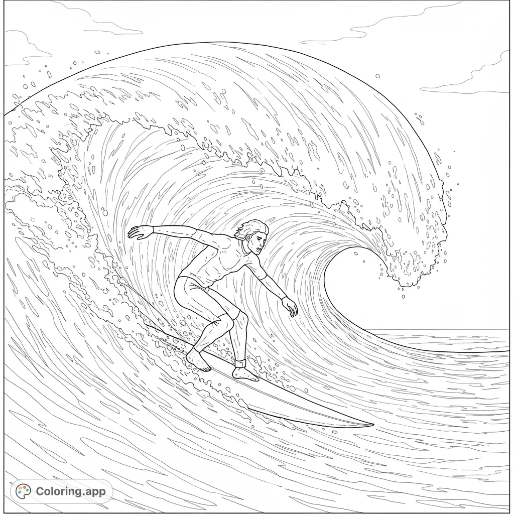 Catch a massive wave with this dynamic surfing coloring page! A surfer carves through a powerful barrel, perfect for ocean lovers and adventure seekers.