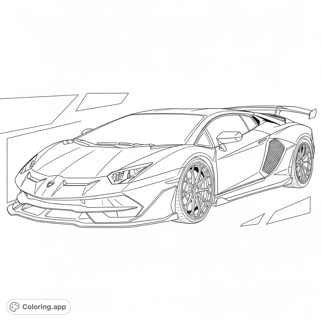 Color a detailed, SVJ-inspired sports car with aggressive aerodynamics. Features prominent rear wing, sharp lines, and dynamic presentation.