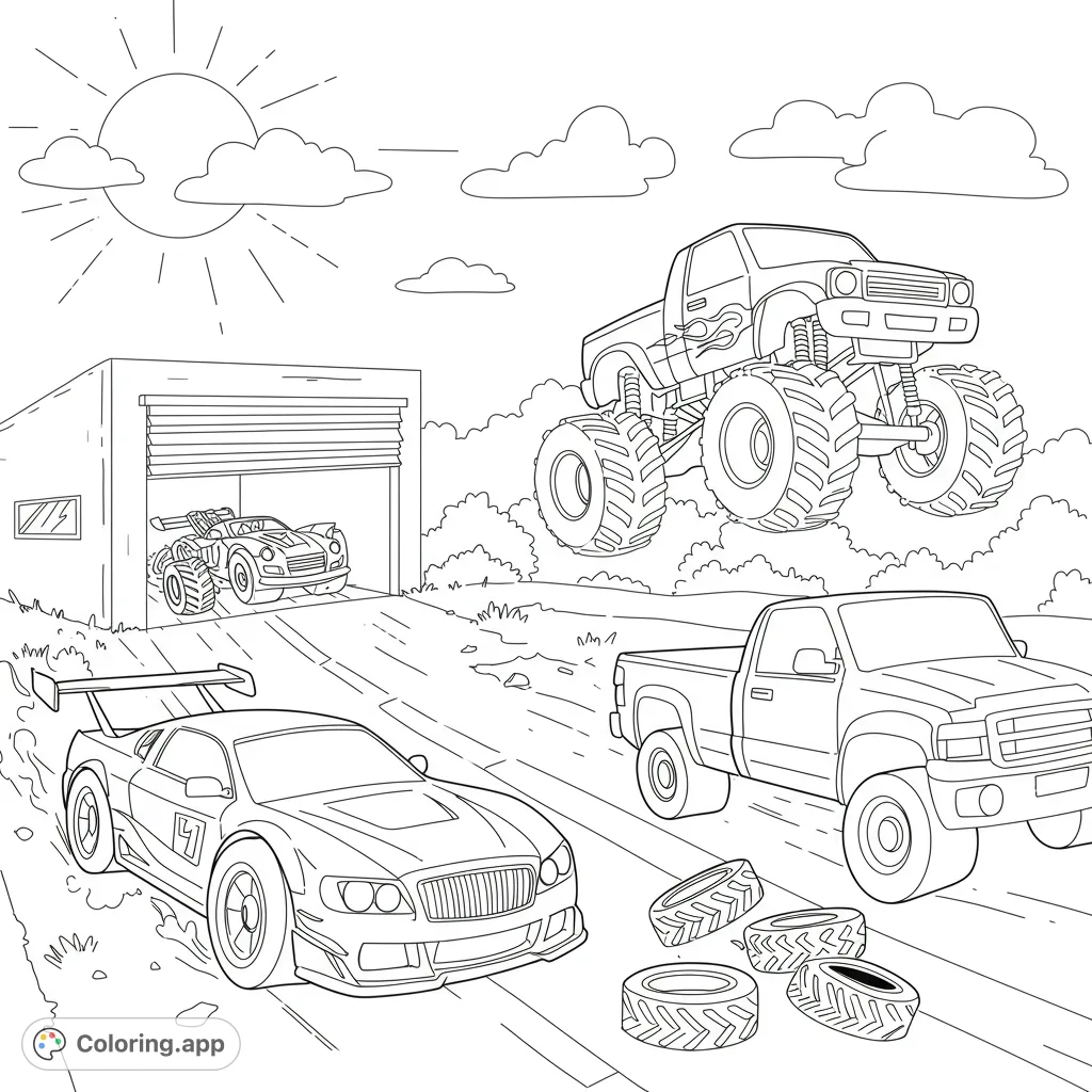 Dynamic vehicle coloring page featuring a jumping monster truck, sleek sports car, and pickup, set against an outdoor scene. Perfect for car enthusiasts!
