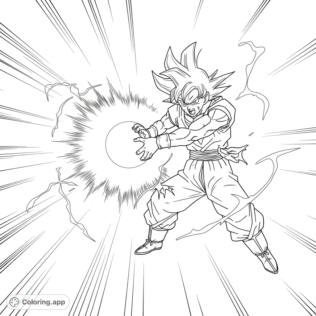Unleash your power with this dynamic warrior energy blast coloring page! A heroic figure charges a powerful sphere amidst radiating lines, ready for action.