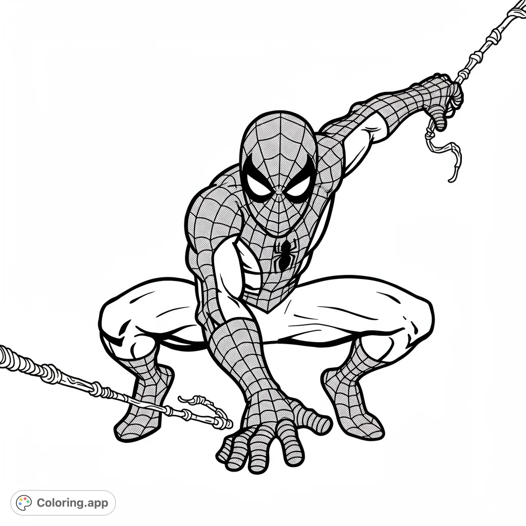 Dynamic superhero in a classic web-slinger pose, ready for action. Intricate web patterns and a bold spider emblem make this a thrilling free printable coloring page.