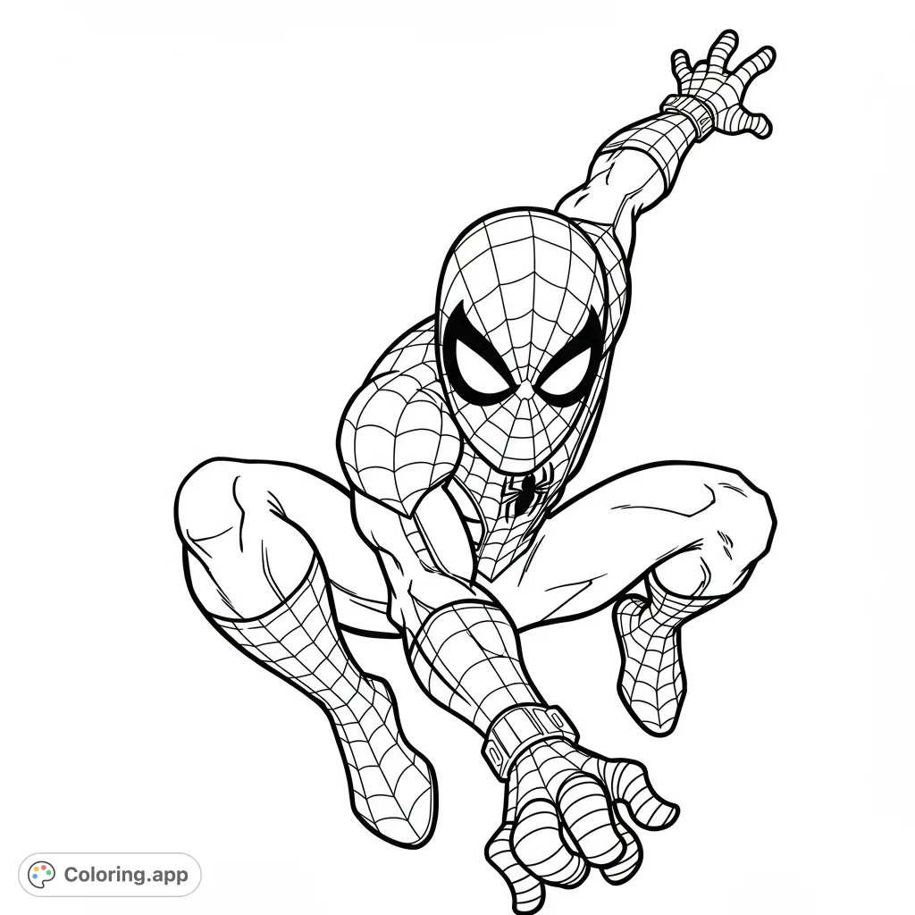 Dynamic Spider-Man coloring page, perfect for superhero fans. This free printable coloring page features the iconic web-slinger in an action pose, ready for adventure.