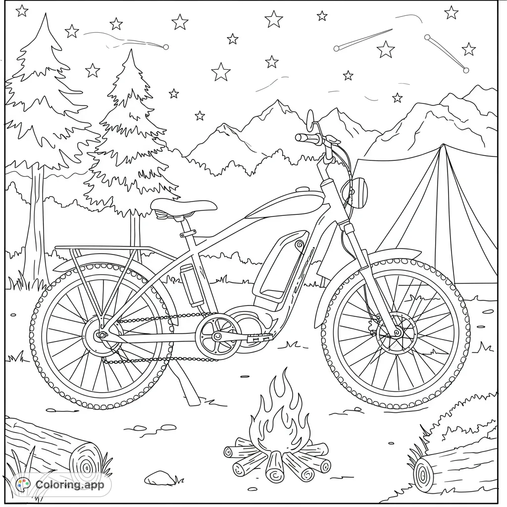 An exciting e-bike camping scene coloring page, featuring a detailed electric bicycle, cozy campfire, tent, and starry night sky. Perfect for outdoor adventure.