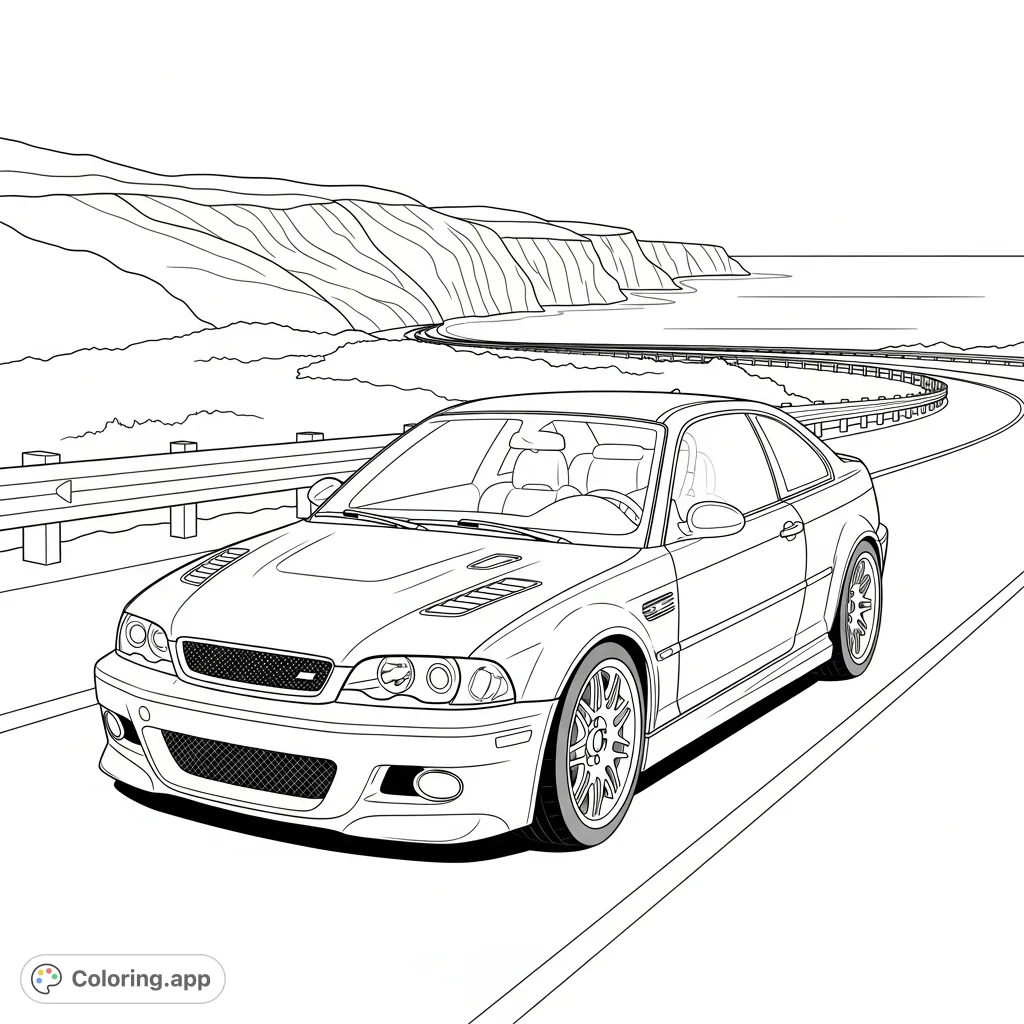 Color a classic E46 M3 cruising a scenic coastal highway with simplified cliffs and open ocean. A perfect blend of automotive beauty and serene landscape.