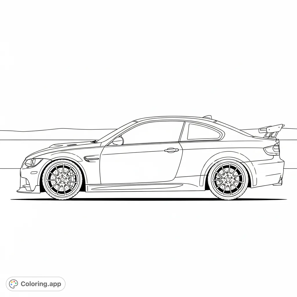 Color this E92 M3-inspired coupe in profile, featuring iconic design elements like a power dome hood, sporty wheels, and a sleek silhouette against a minimalist background.