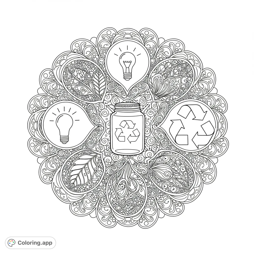 An intricate eco-friendly mandala coloring page featuring a recycling jar, lightbulbs, leaves, and recycling symbols, perfect for mindful coloring.