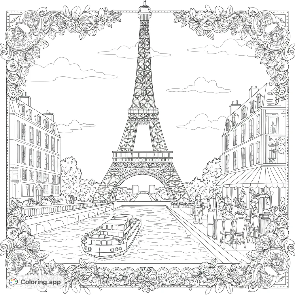 Explore a charming Paris coloring page featuring the Eiffel Tower, Seine River boat, and a lively cafe, all framed by an elegant border.