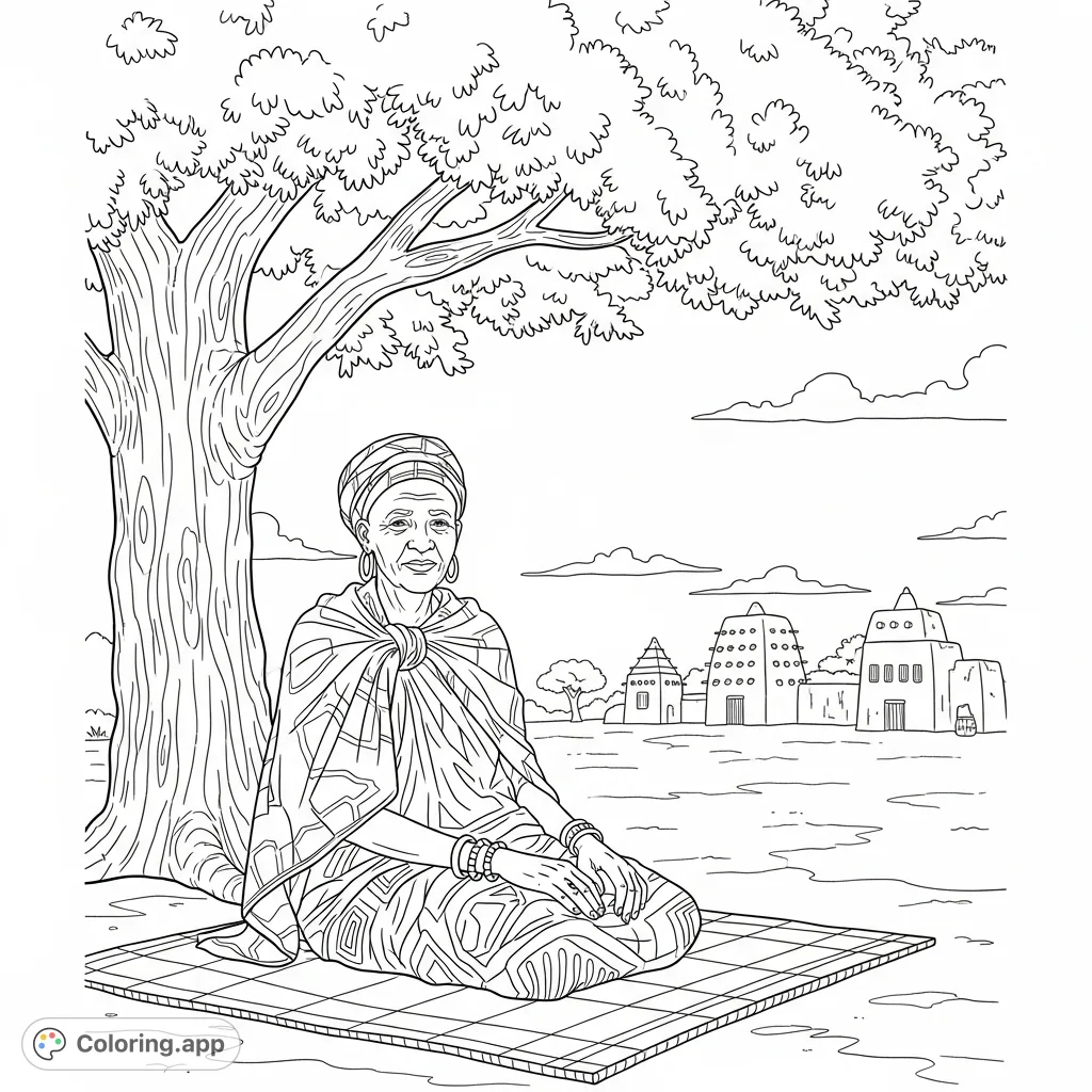 A serene elder woman in traditional patterned attire sits peacefully under a leafy tree, with mud-brick homes in the distance. A tranquil cultural scene.