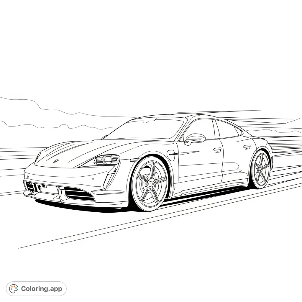 Experience the thrill of speed with this dynamic coloring page featuring a sleek, Taycan-inspired electric car surrounded by energetic motion lines, ready for your artistic touch.