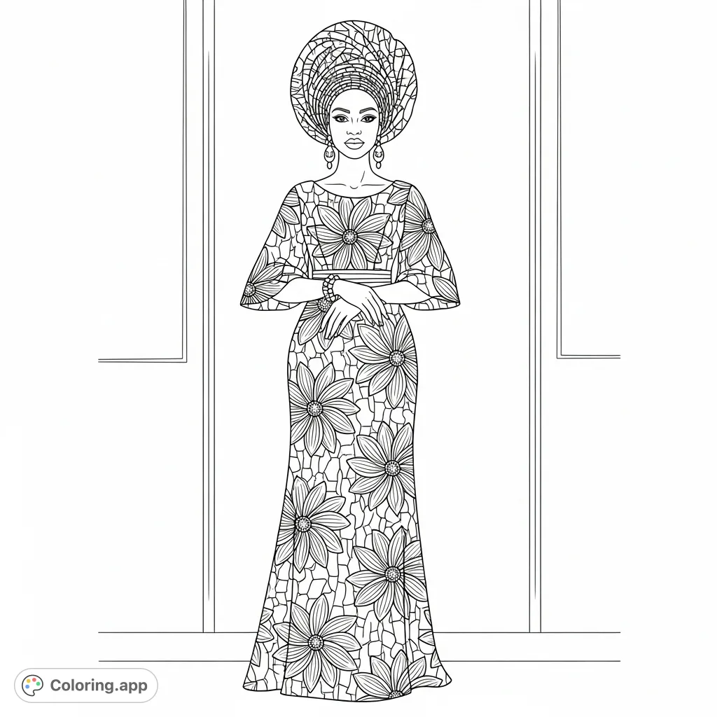 An elegant woman in a floor-length Ankara gown with large floral motifs and a matching, intricately folded gele. A beautiful portrait celebrating African fashion.