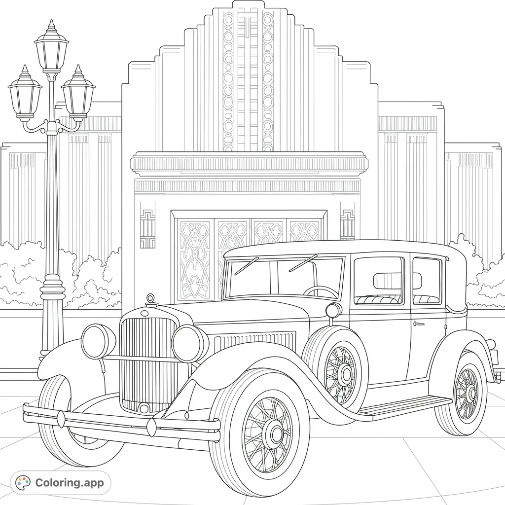 A classic vintage car parked before a grand Art Deco building and ornate street lamp. A free printable vintage car coloring page for all ages.