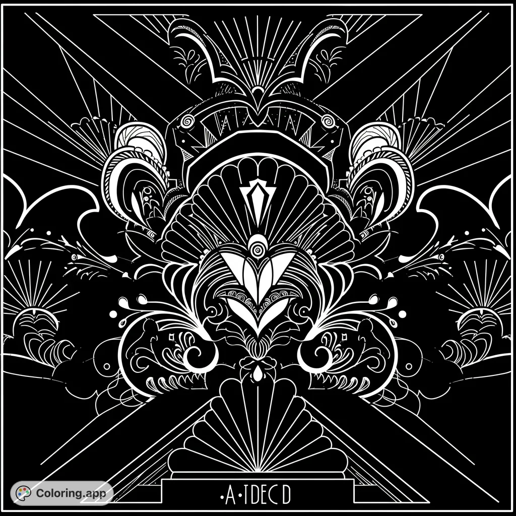An intricate Art Deco coloring page featuring symmetrical fan-like motifs, elegant swirls, and geometric patterns, perfect for detailed coloring.