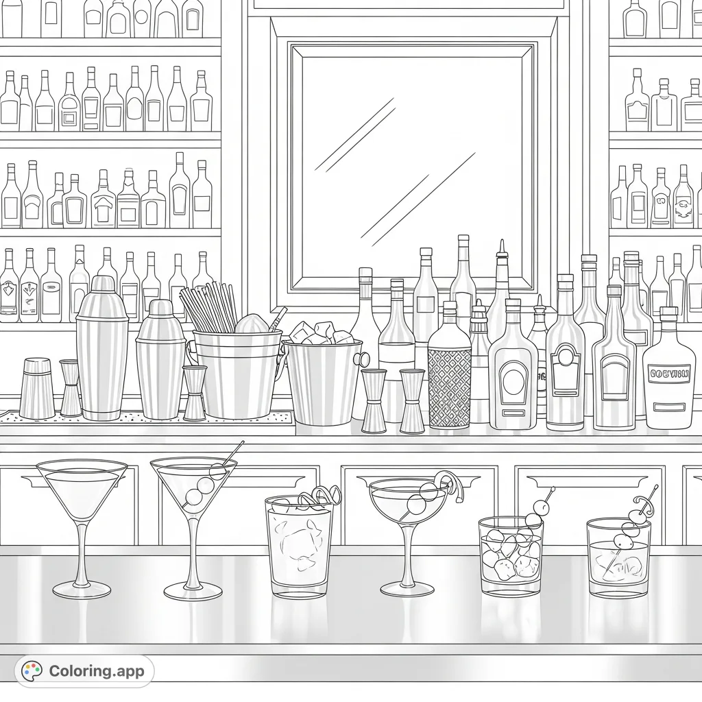 An elegant bartender's station with classic New York cocktails, shakers, and bottles, set against a sophisticated bar background. Perfect for adult colorists.