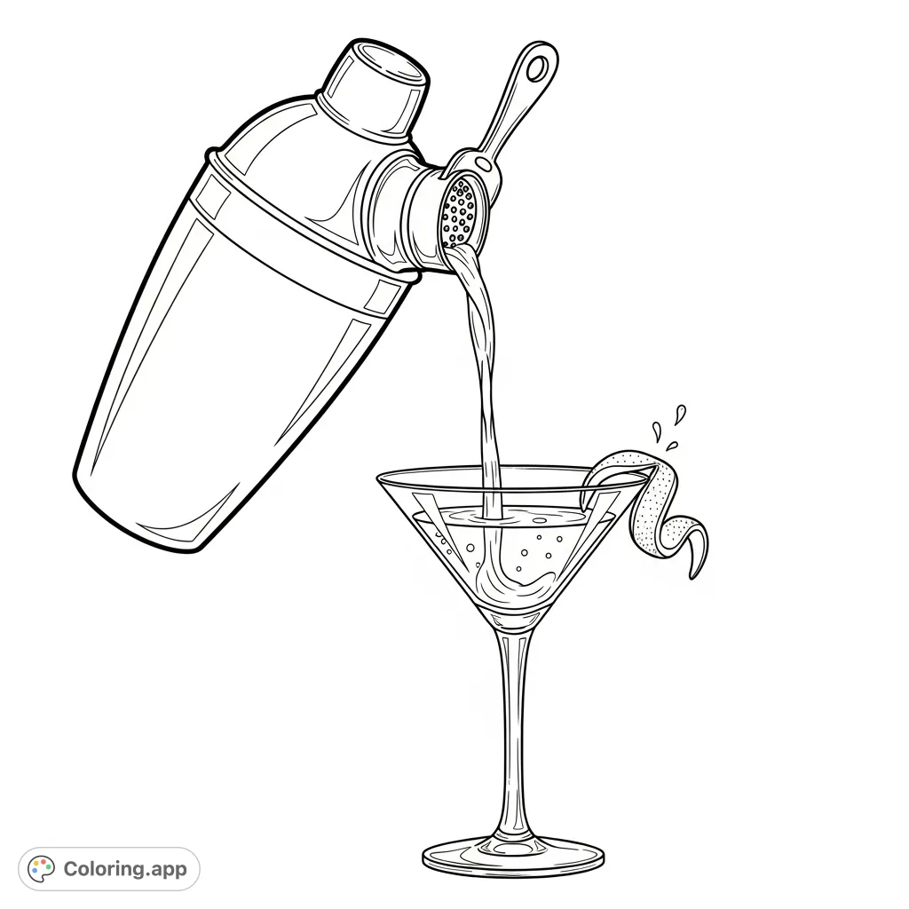 Capture the sophisticated art of mixology with this elegant cocktail pouring scene. A sleek shaker, martini glass, and lemon twist await your creative touch.