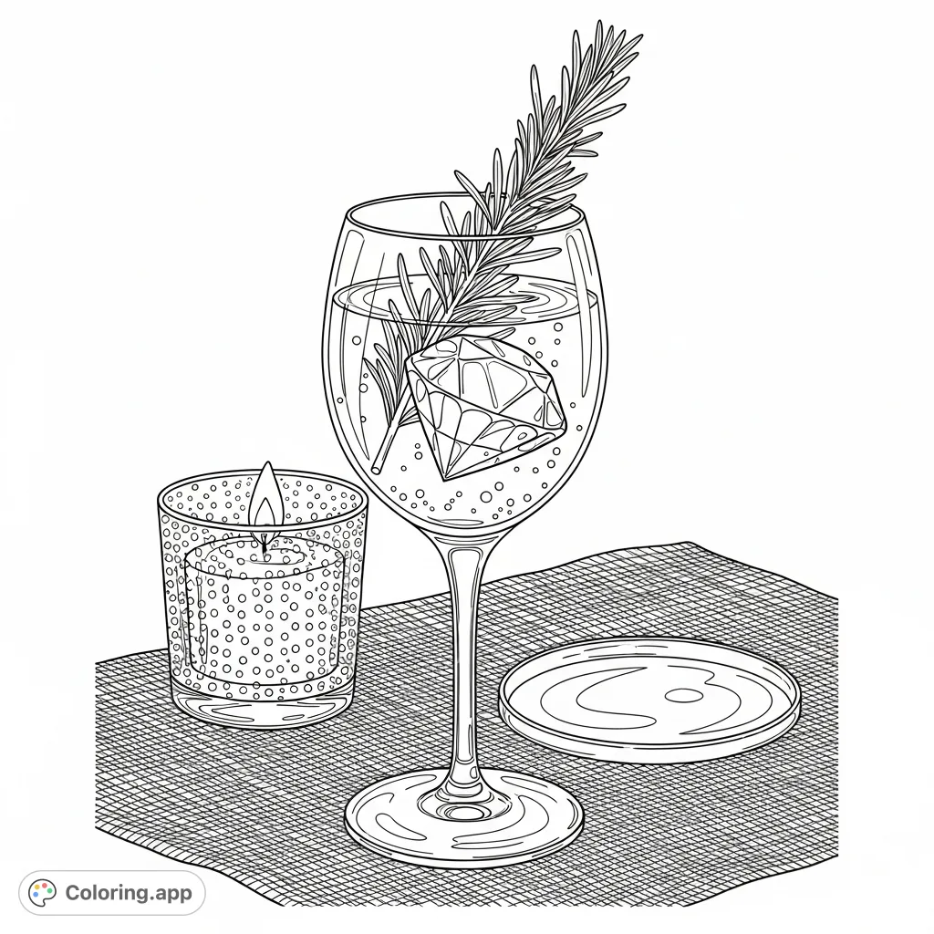 An elegant stemmed glass holds a sparkling cocktail with an ice diamond and rosemary sprig, set on a linen tablecloth with a candle. A sophisticated cocktail coloring page.