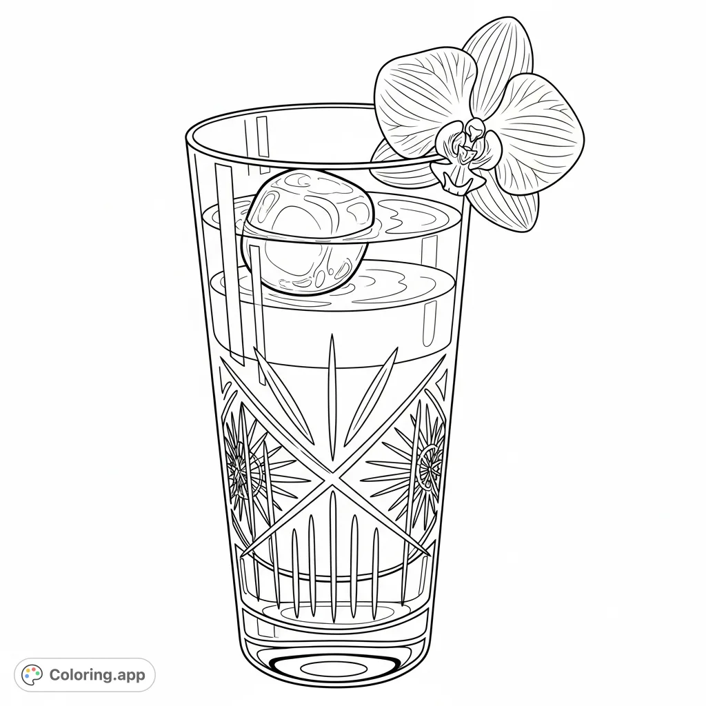 An elegant cocktail glass with intricate patterns, a layered drink, spherical ice, and a delicate orchid. Perfect for sophisticated coloring.