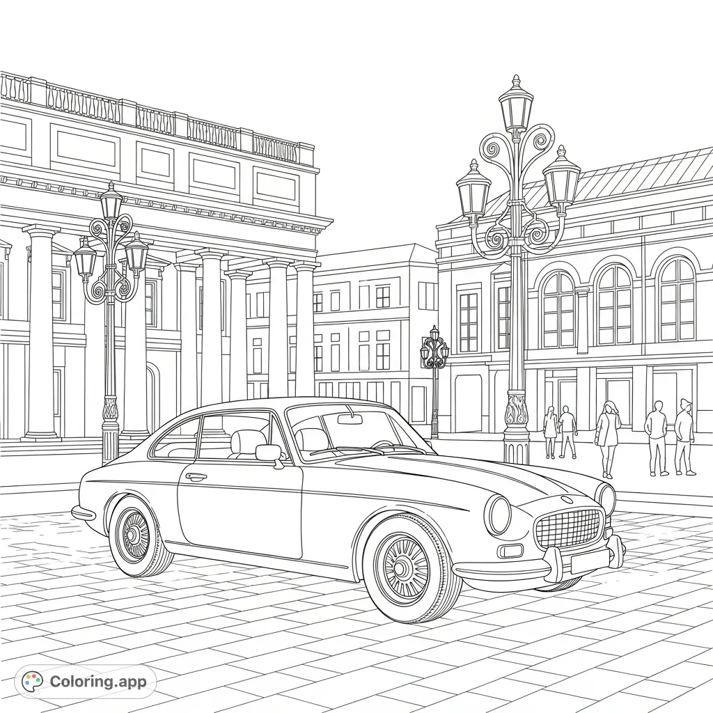 Color an elegant coupe parked on a cobblestone plaza amidst grand classical architecture and ornate lampposts in a historic city center. A sophisticated urban scene.