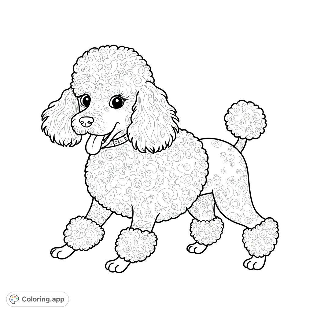 An elegant poodle with intricate curly fur patterns, perfect for a relaxing and detailed coloring experience. Free printable poodle coloring page.