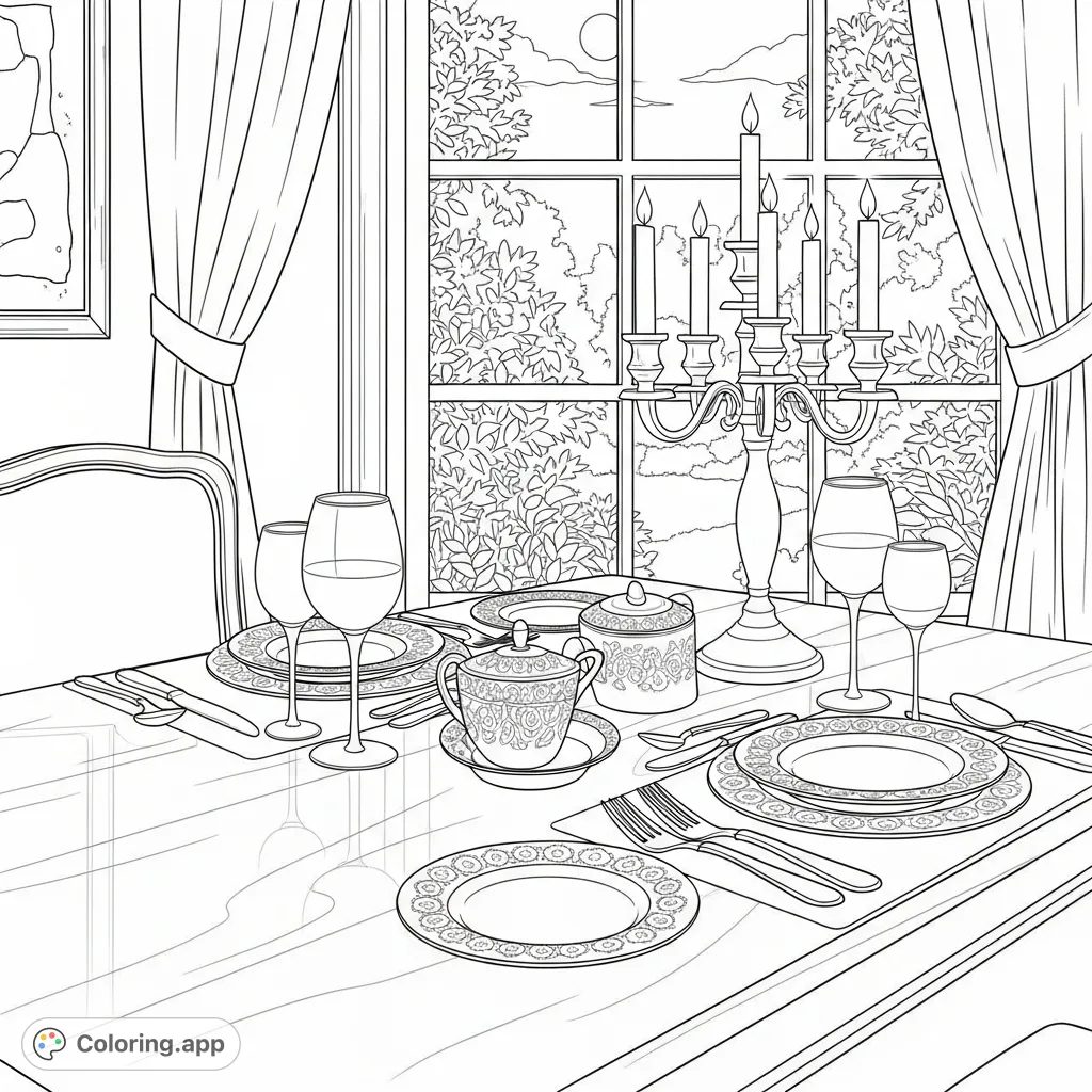 An elegant dining room coloring page featuring a polished wooden table set for two with fine china, silver cutlery, and a candelabra, overlooking a serene moonlit garden.