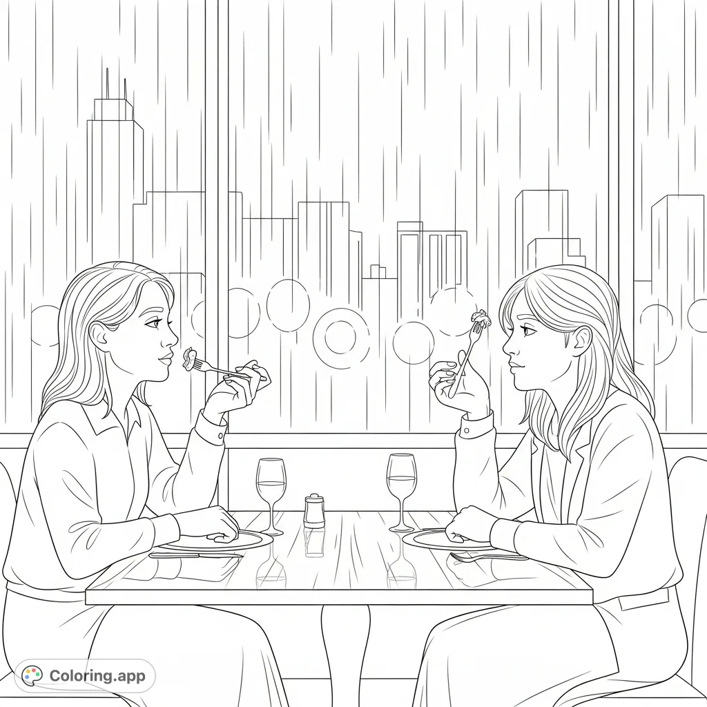 Capture the sophisticated ambiance of a dimly lit restaurant where two figures dine, overlooking a bustling city night veiled by rain. A moody, detailed scene.