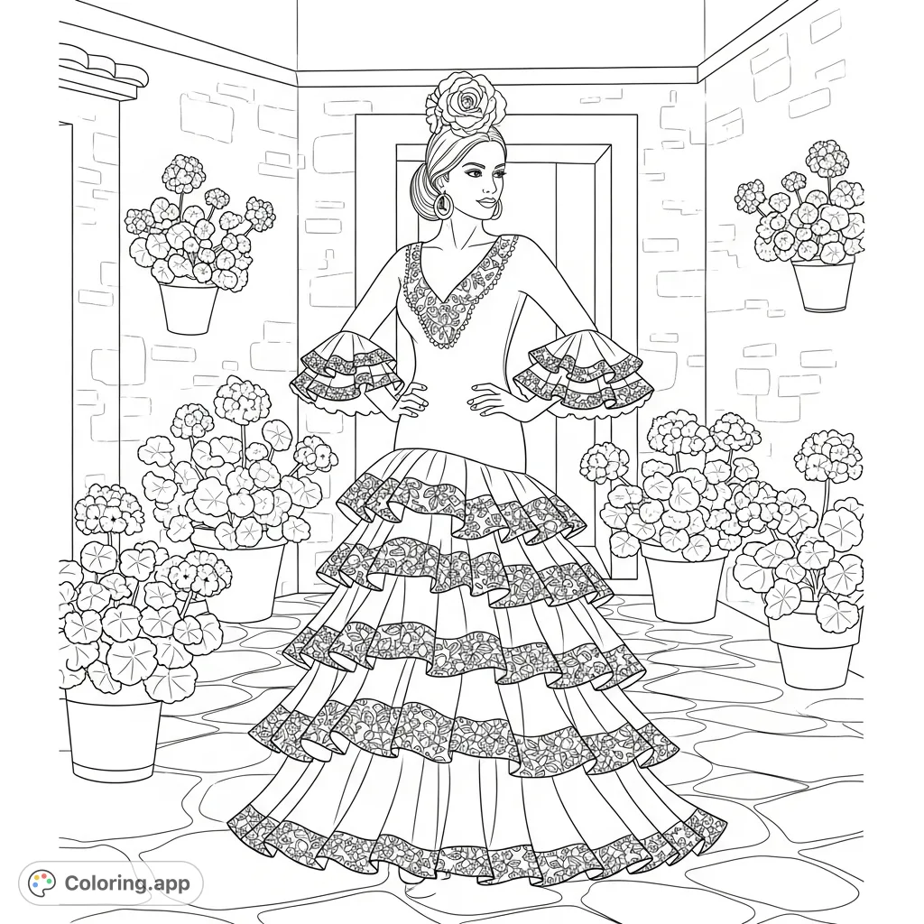 An elegant woman in a dramatic ruffled flamenco-style dress poses in a sunlit courtyard with whitewashed walls and potted geraniums, perfect for detailed coloring.