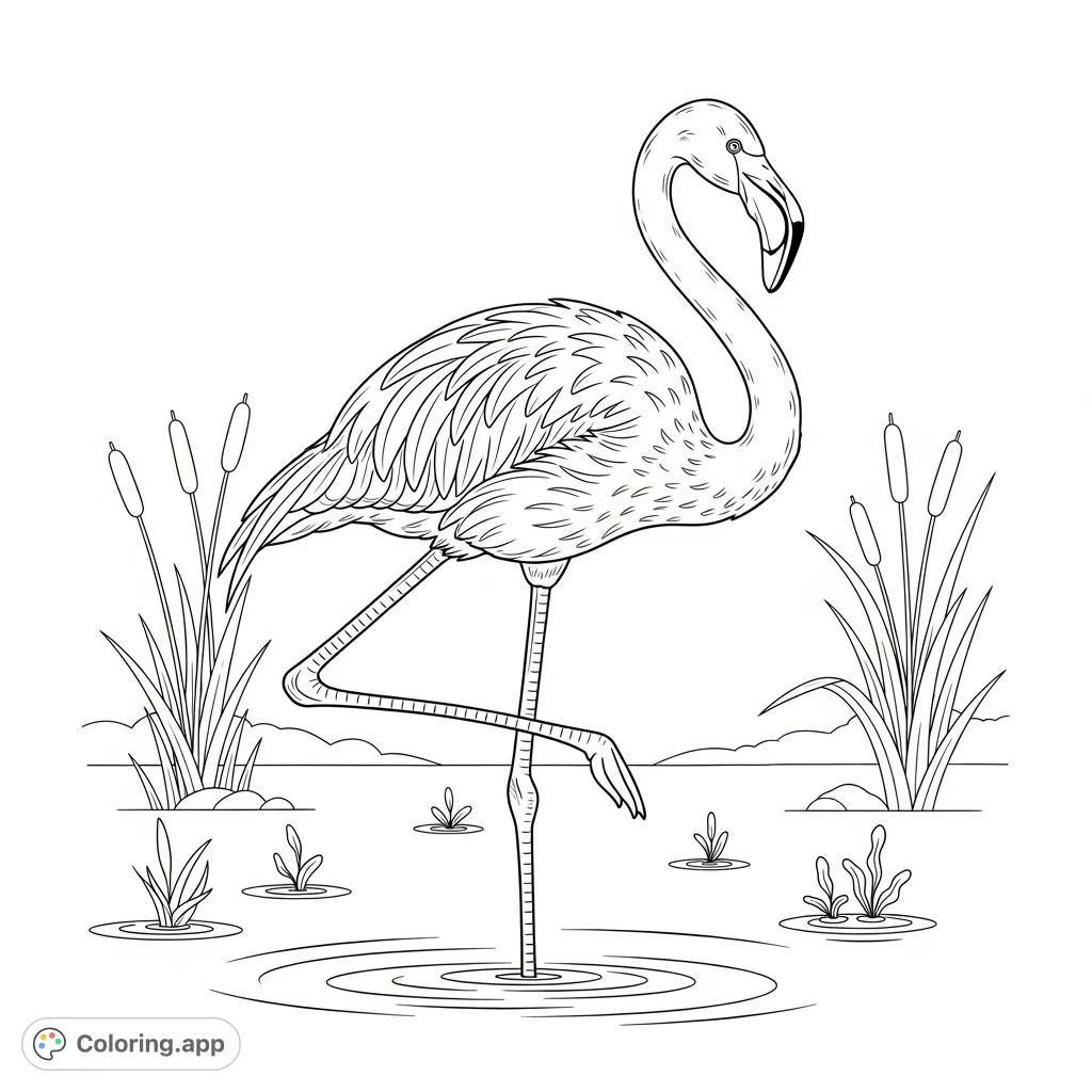 An elegant flamingo stands gracefully on one leg in tranquil shallow water, surrounded by subtle ripples and delicate aquatic plants. Perfect for a calming coloring experience.