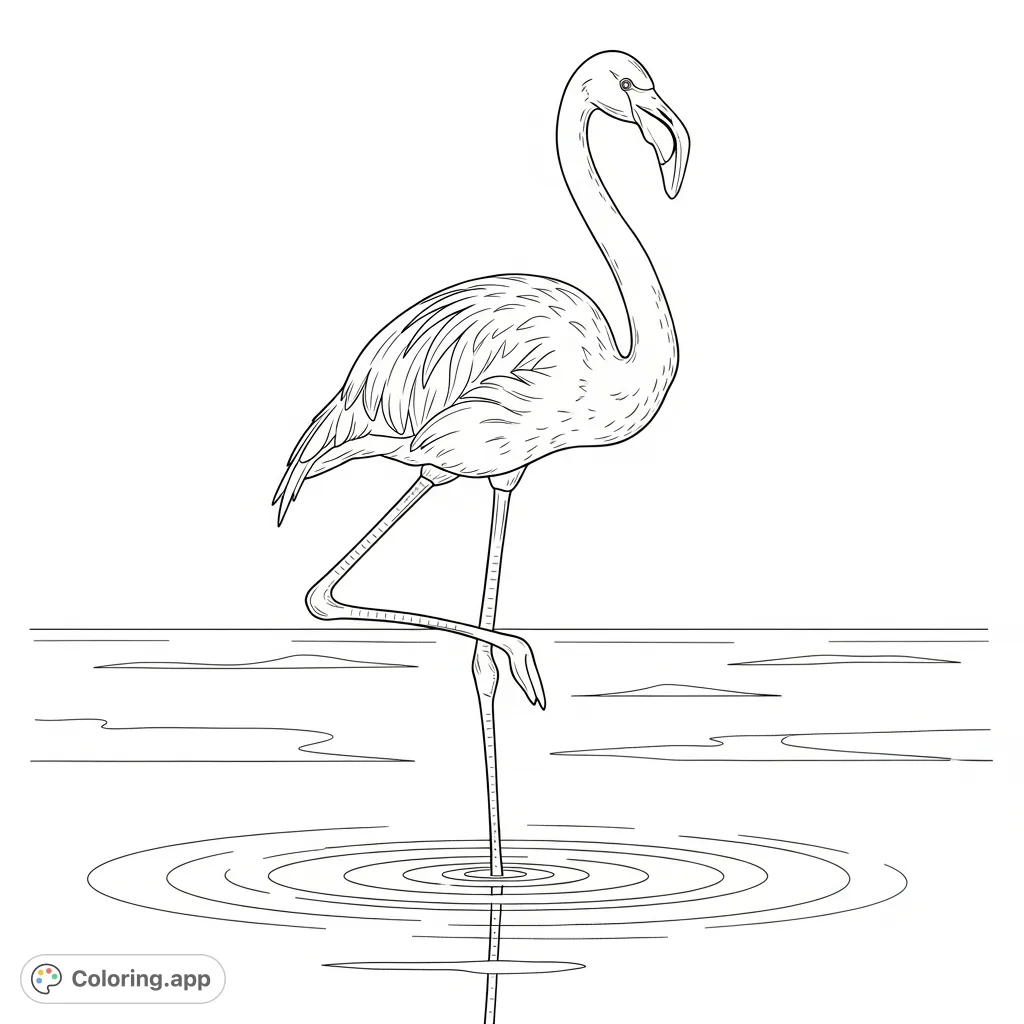A graceful flamingo stands on one leg in shallow water, its elegant form reflected in simple arcs below. Perfect for a serene coloring experience.