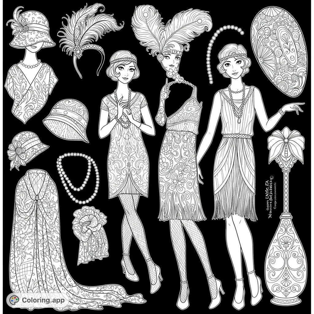 Step back to the Roaring Twenties with this elegant flapper fashion coloring page, featuring stylish women and intricate Art Deco accessories.