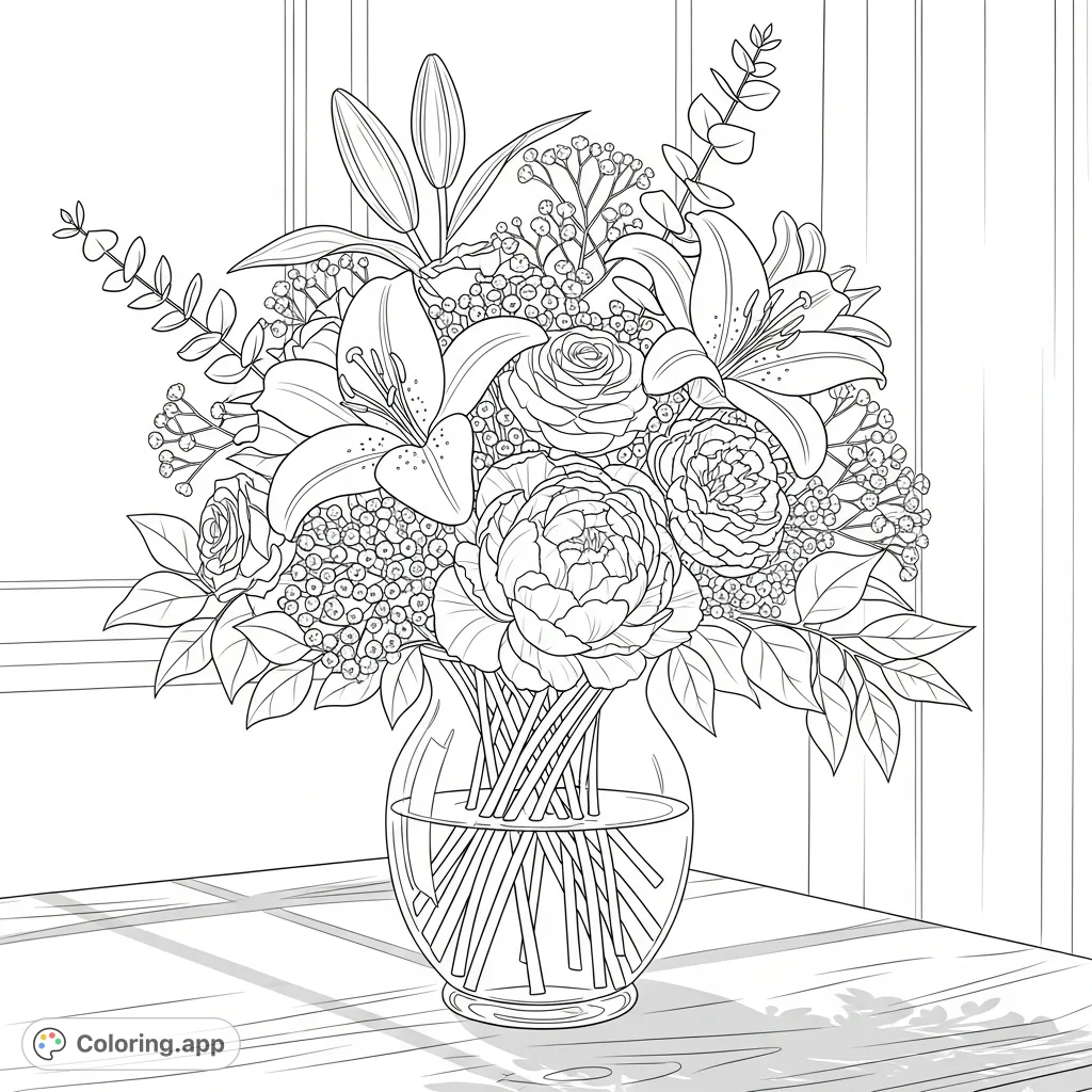 A stunning bouquet of lilies, peonies, baby's breath, and eucalyptus in a glass vase on a wooden table, bathed in soft light. A perfect floral coloring page.