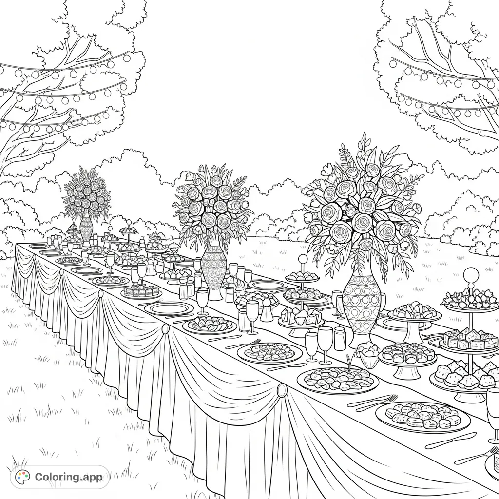 An elegant garden party scene featuring a long, decorated table with elaborate floral arrangements, gleaming platters of food, and string lights under an open sky.