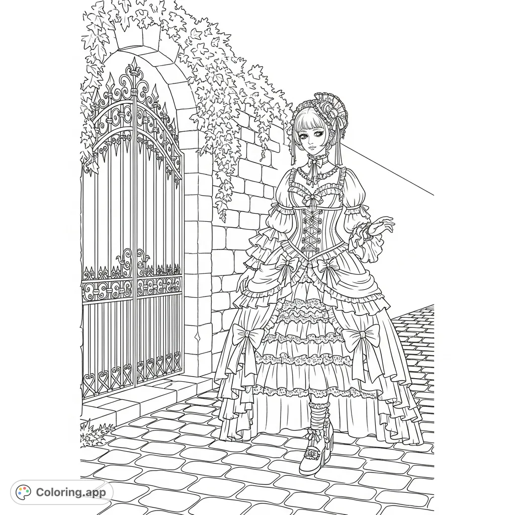 An elegant Gothic Lolita figure stands in a mysterious cobblestone alley with an ornate wrought-iron gate and ivy-covered wall. Intricate details await your colors!