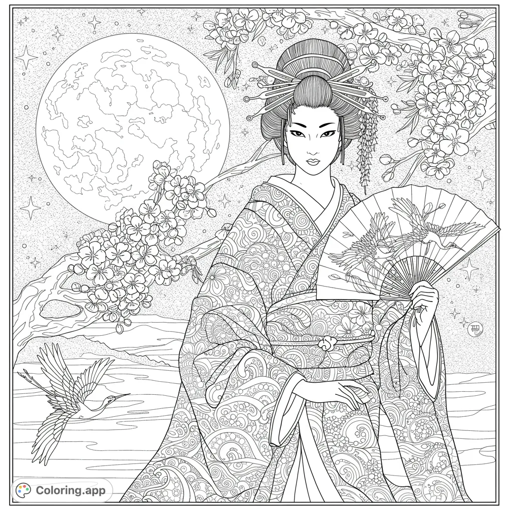 An elegant Japanese woman in a detailed kimono, holding a fan, surrounded by cherry blossoms, a full moon, and a graceful flying crane.
