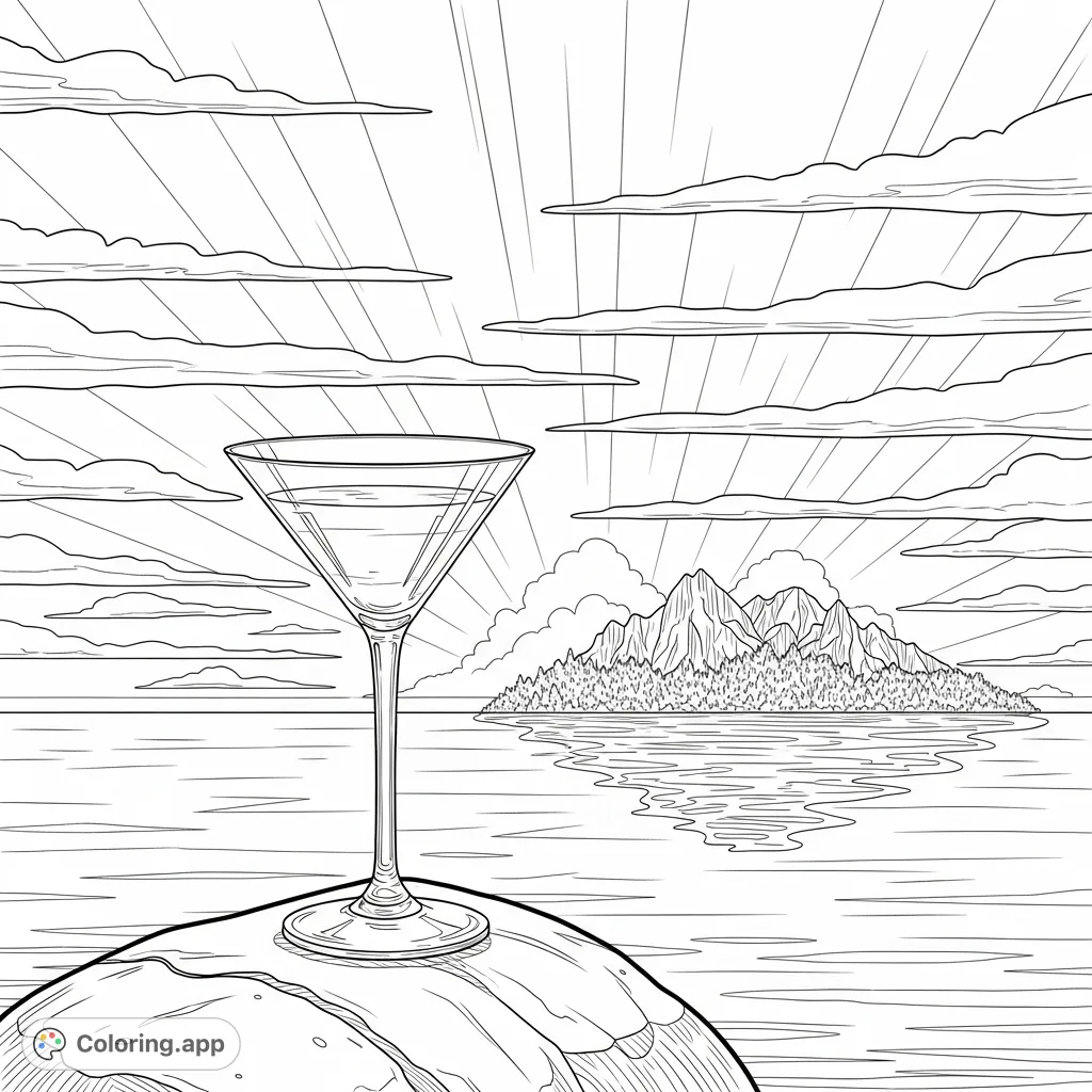 An elegant martini glass rests on a smooth rock, silhouetted against a dramatic sunset sky with a distant island and shimmering water. A sophisticated coloring page.
