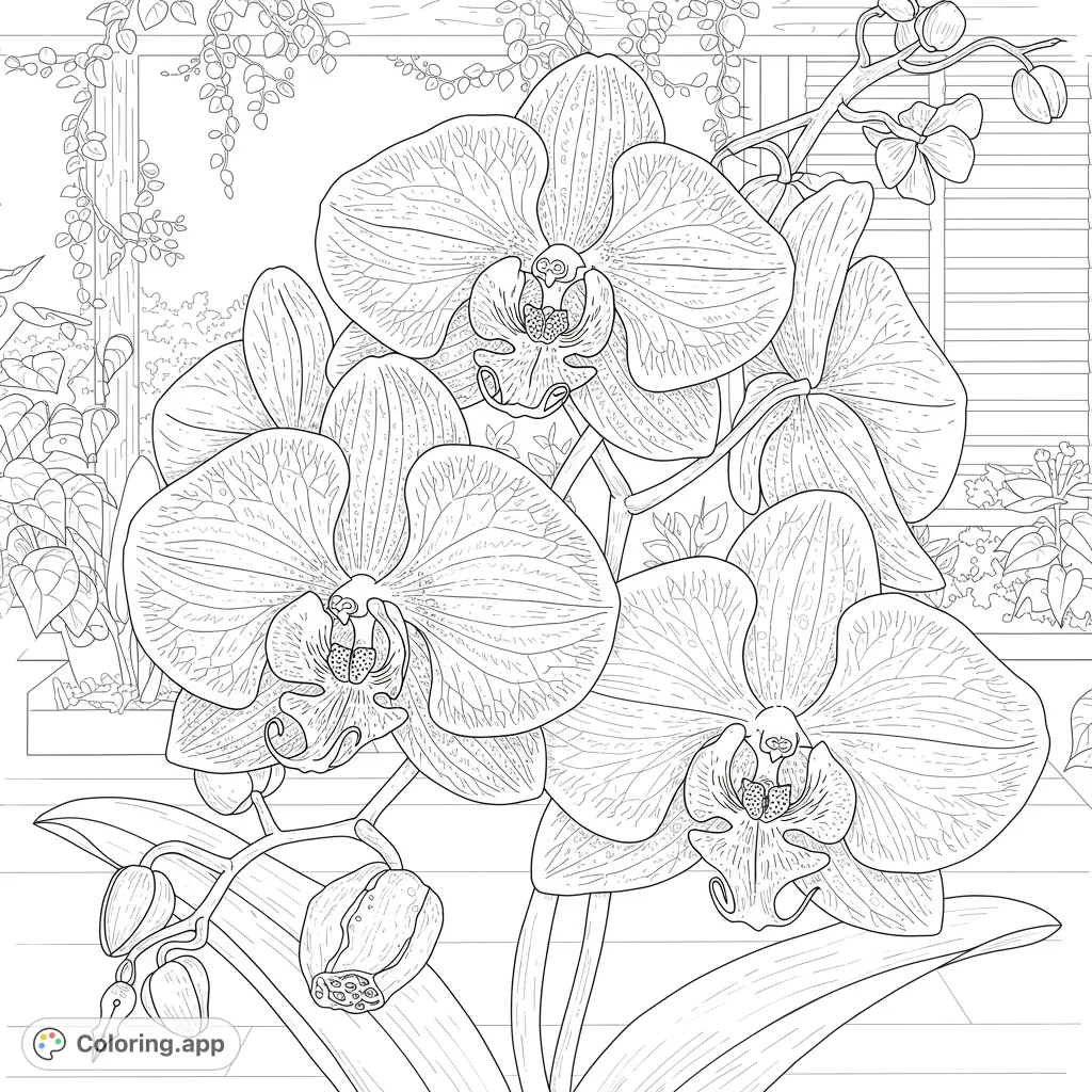 Discover an elegant orchid coloring page featuring detailed blooms, intricate petals, and delicate buds against a serene window background. A free printable coloring page.