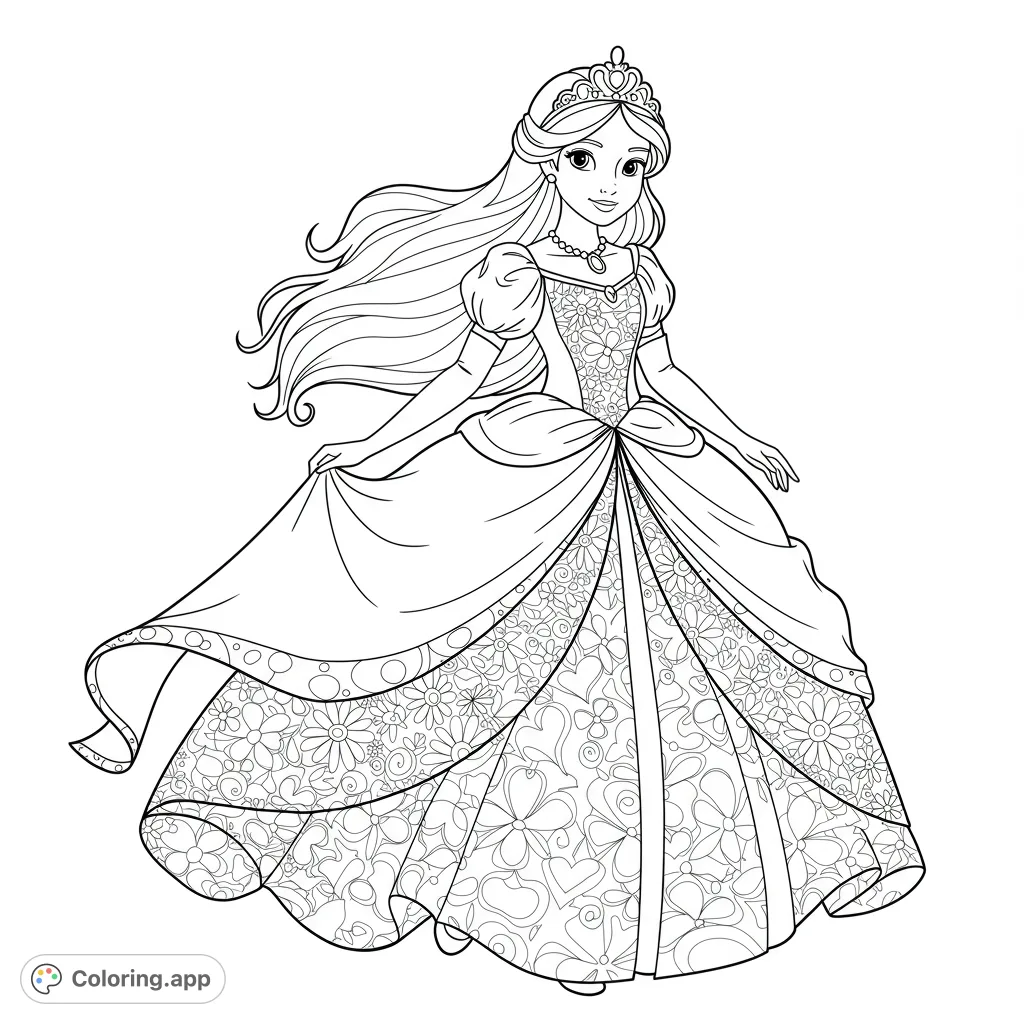An elegant princess in a flowing ball gown with intricate floral and heart patterns, perfect for a magical coloring adventure. Free printable princess coloring page.