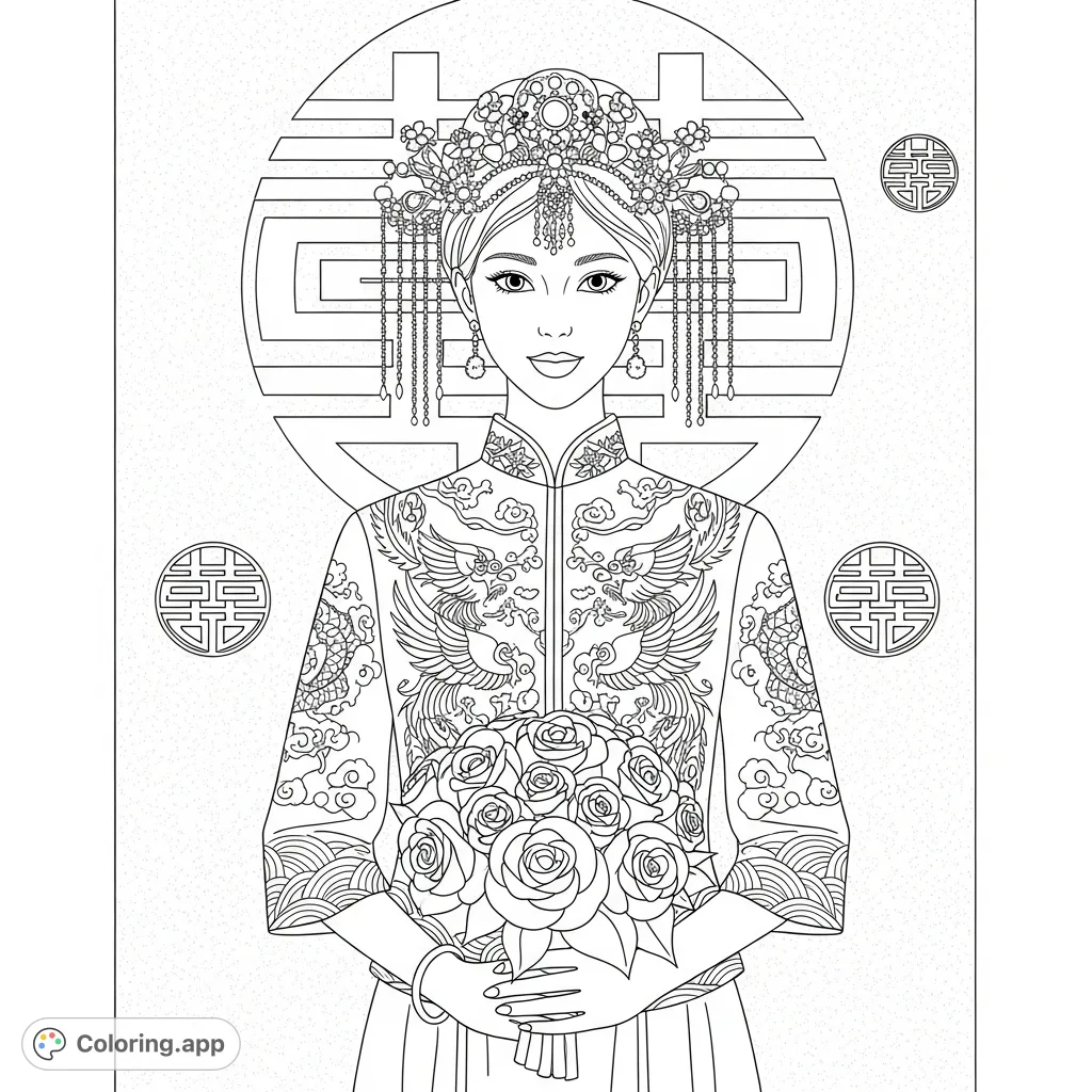 An elegant bride in a traditional Qun Kwa, intricately embroidered with dragons and phoenixes, holding a bouquet of roses against a double happiness backdrop.