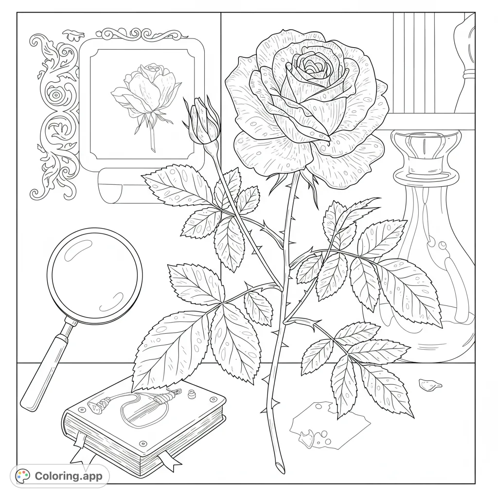 A beautiful rose still life coloring page featuring a detailed rose, a magnifying glass, an ornate framed picture, and a mysterious decanter.